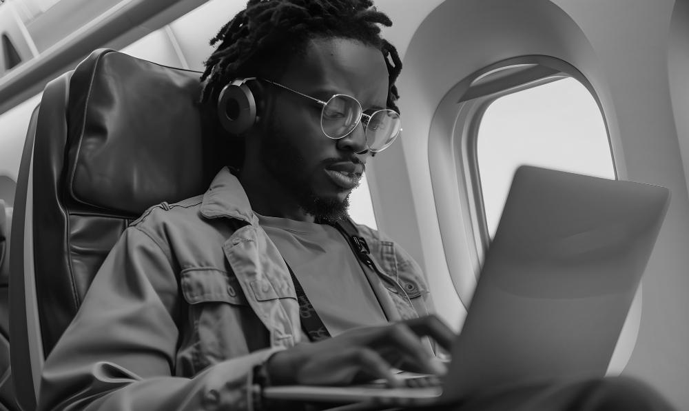 Business traveler working on a laptop in-flight
